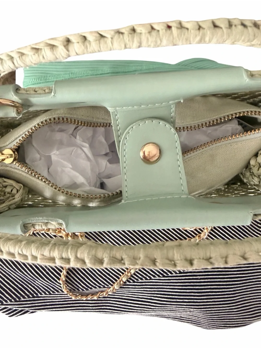 NWT House of Harlow 1960 Mint Woven Top-Handle Bag with Mint Trim w/Chain Strap
